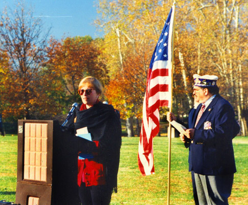 Sharon Denitto speaking at an In Memory Service, Washington DC, November 1994 on the knoll near the Vietnam Veterans Memorial