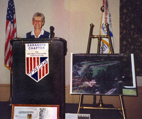 Sharon Denitto at the Military Officers Association of Sarasota Inc, giving a speech on the Moving Wall and the Vietnam Veterans Memorial, Sarasota, Florida